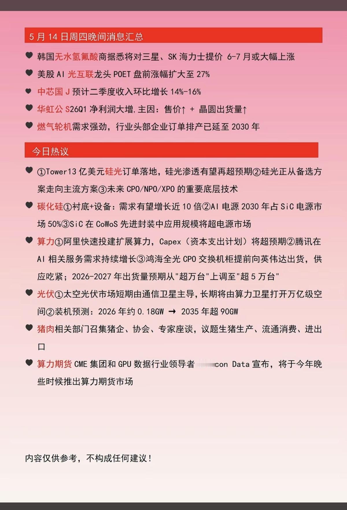 5.15周五  财经热点信息参考！

1.无水氢氟酸，涨价
2.美股AI龙头光互
