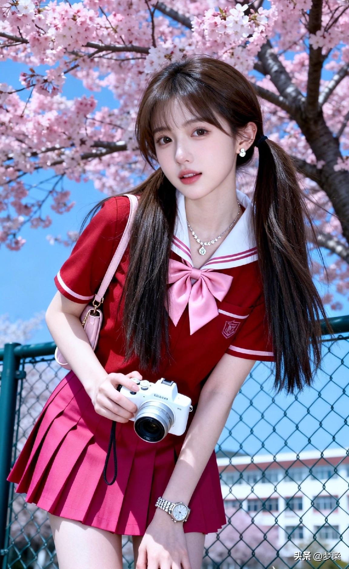 樱花树下，青春洋溢的少女，手持相机，记录美好瞬间！
