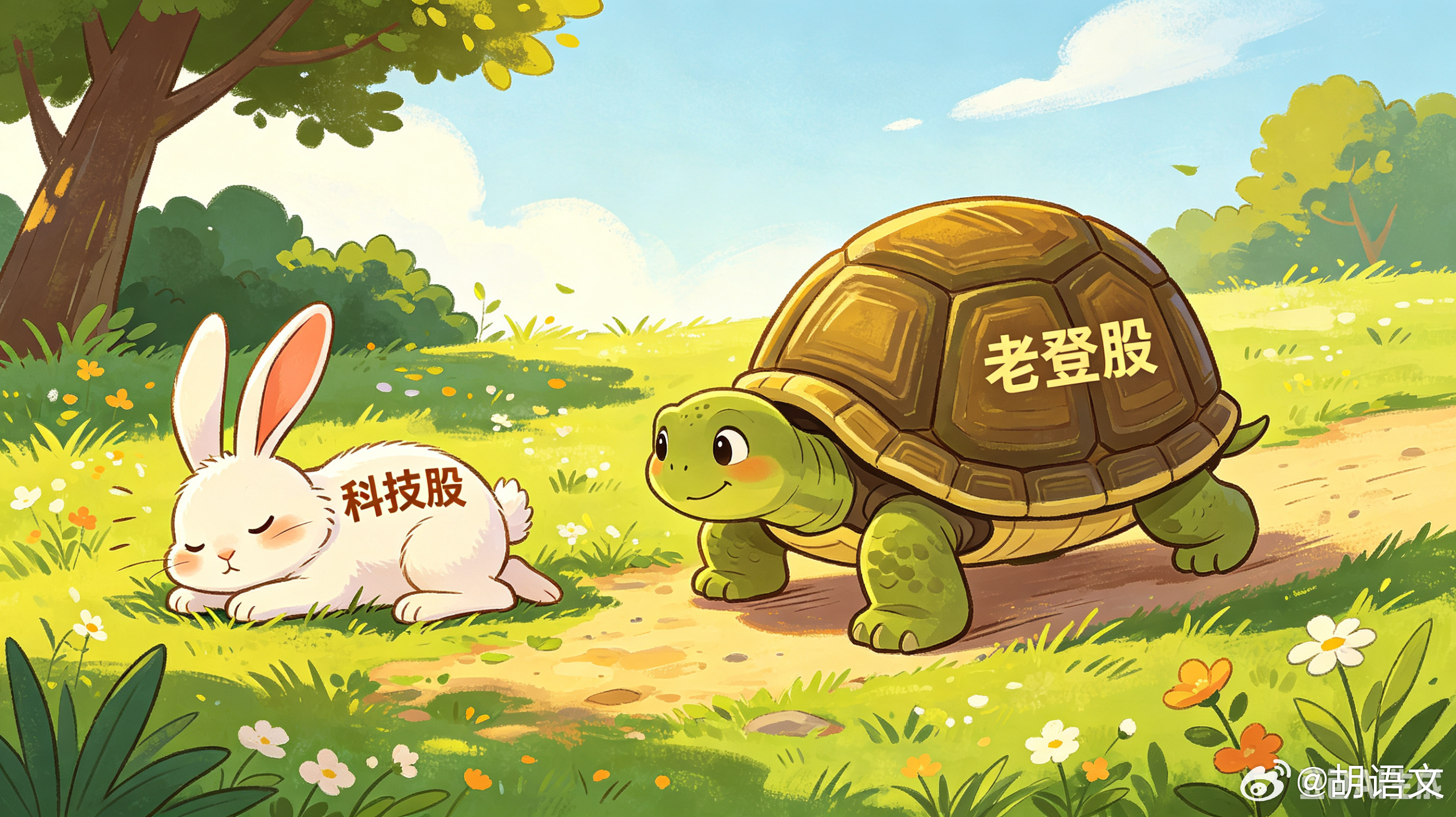 股市就像龟兔赛跑科技股是激进的兔子，短期领跑老登股是稳健的乌龟，暂时蛰伏兔子总有