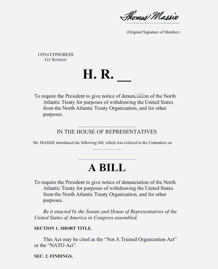 美国众议员托马斯·马西

北约是冷战的遗物。美国应该退出北约，把这笔钱用来保卫自