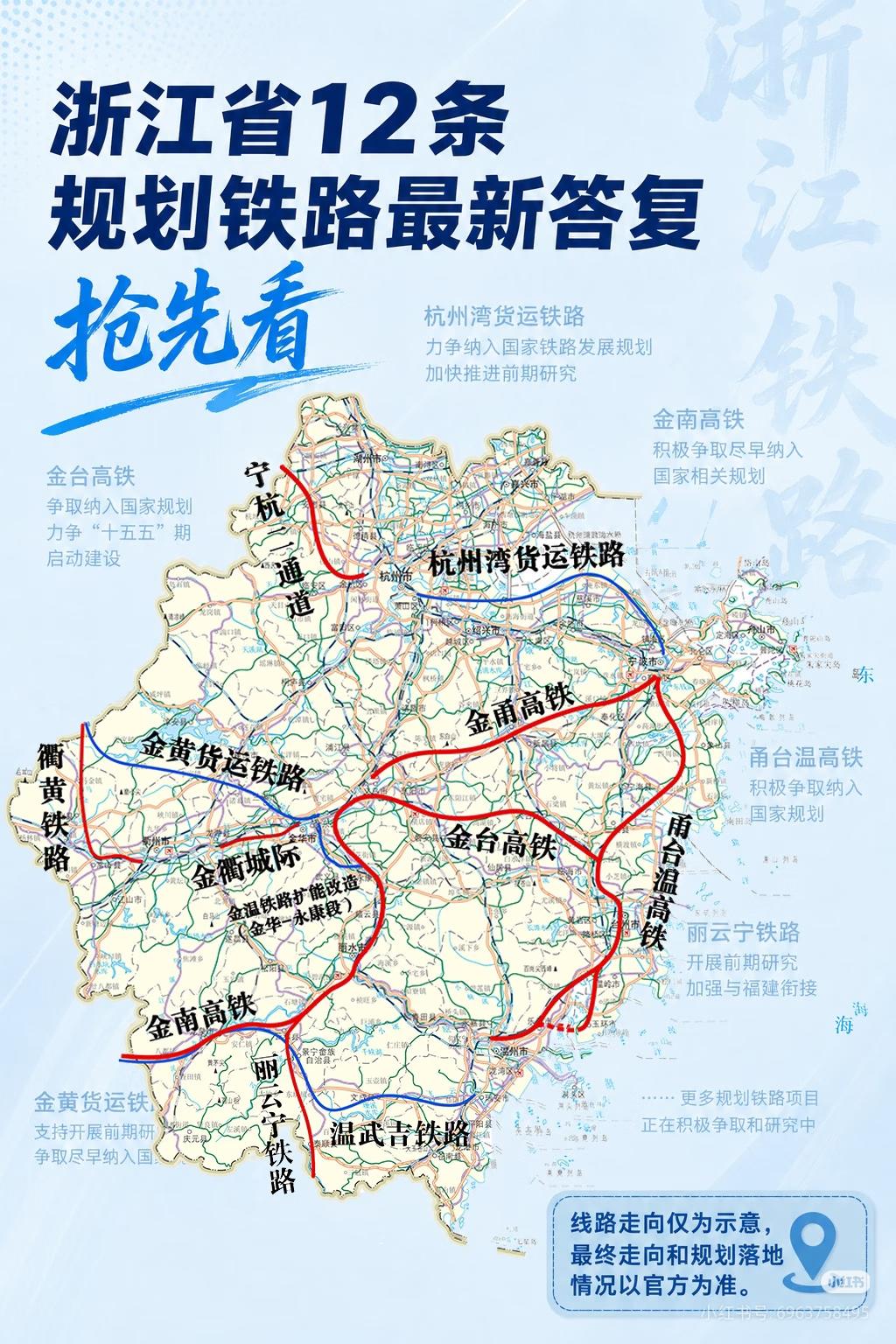 浙江规划了12条铁路。当前主要问题在于，宁波、台州及绍兴部分地区前往金华以西方向