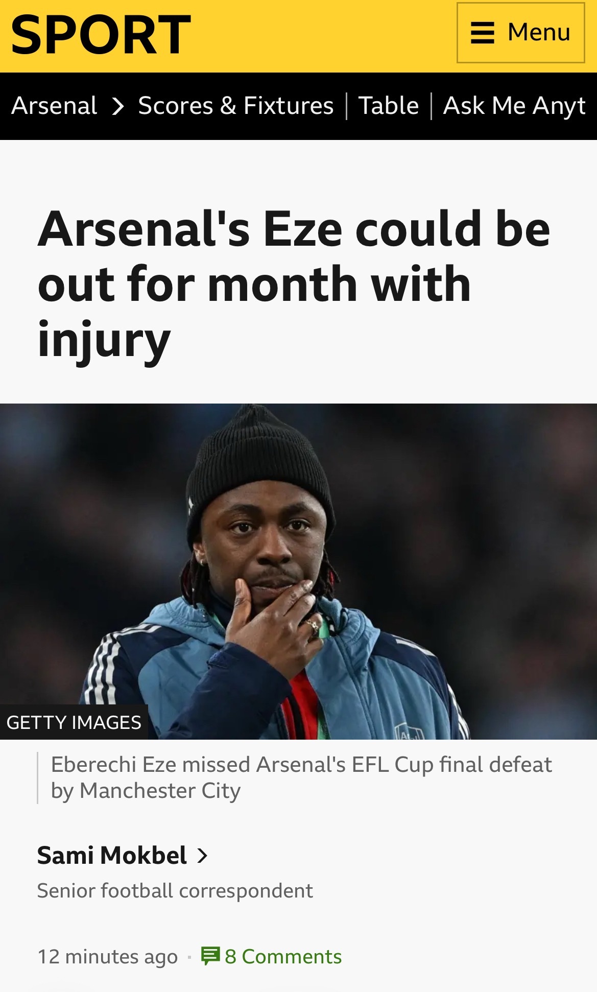 BBC Sport Sami Mokbel：埃泽因小腿受伤，预计将缺席阿森纳冲刺