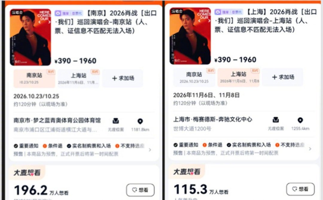 肖战又破纪录了 巡演官宣一日，南京上海双站想看预约合计突破300万，话题阅读量狂