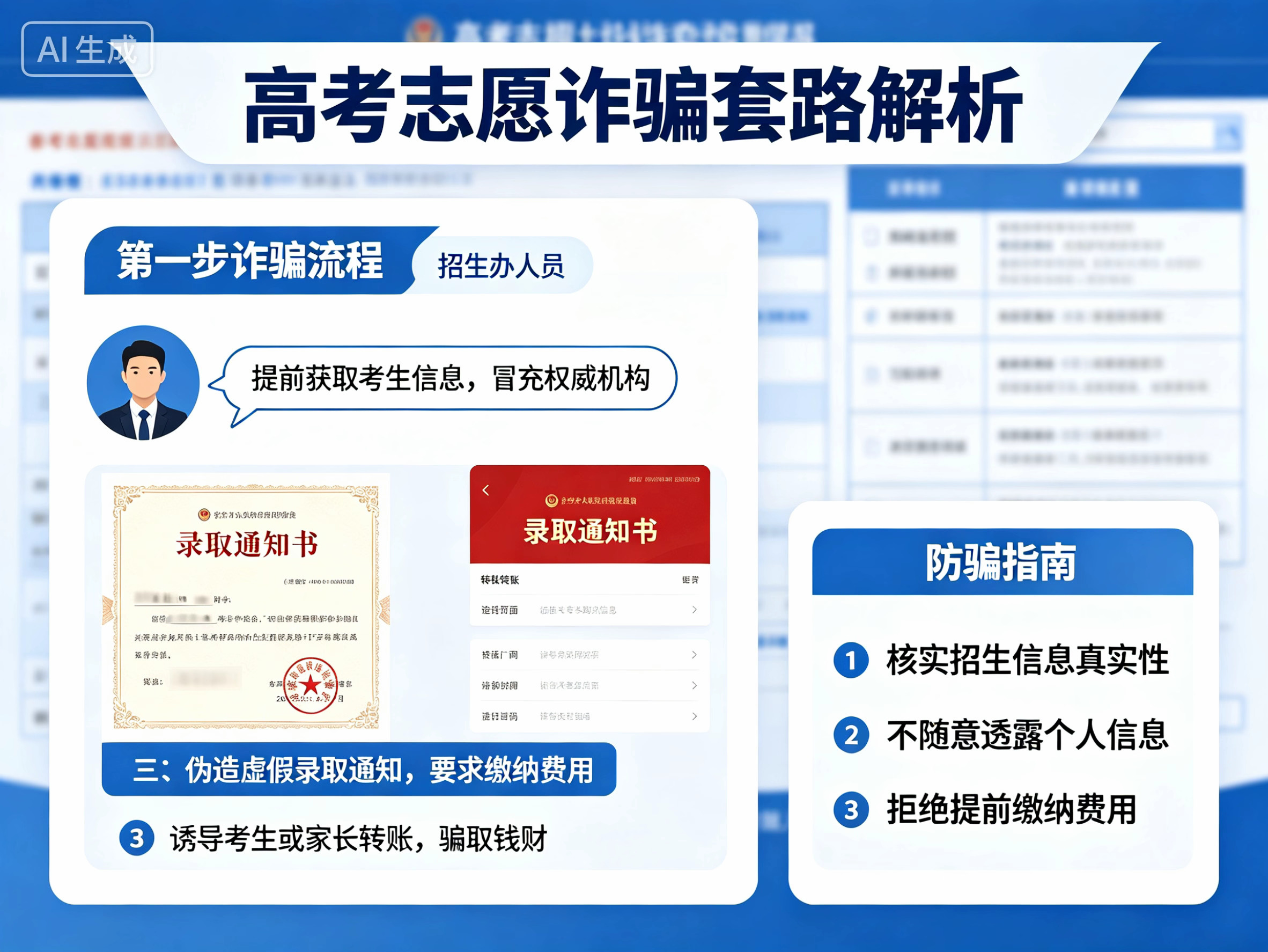 教育部发布高考招生防诈骗预警每年高考录取季各类招生诈骗层出不穷，说到底大多是抓住