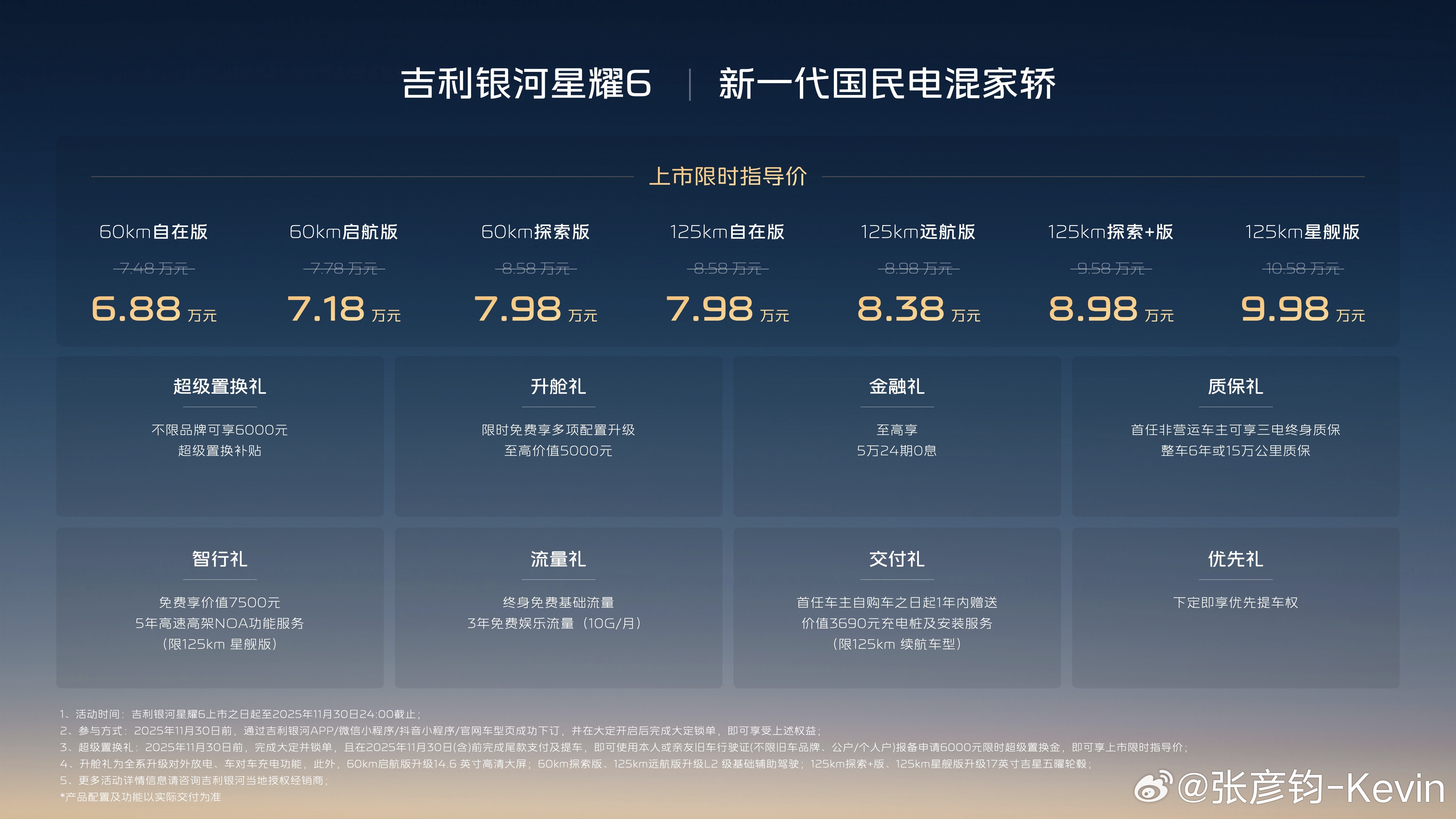 吉利银河星耀6上市，6.88-9.98万元。两个混动版本，一个纯电续航60、一个