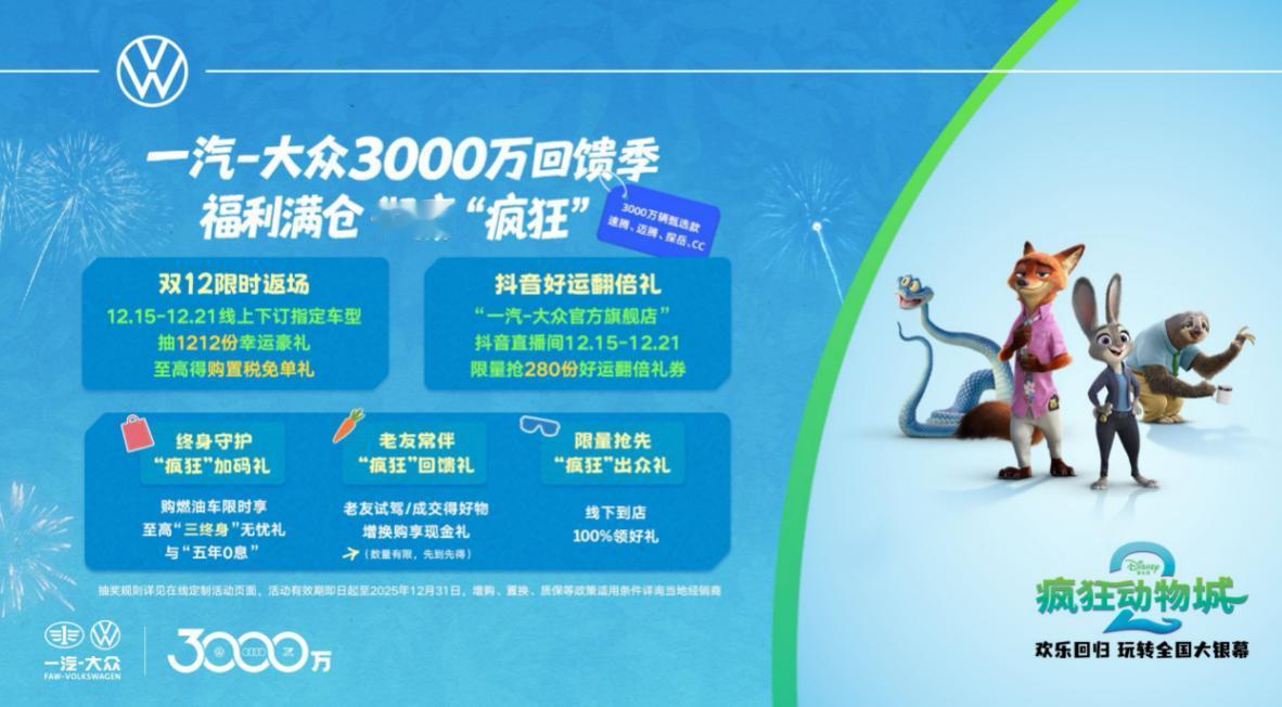 一汽-大众年底福利加码，“3000 万回馈季”返场

一汽-大众最近又在发福利了