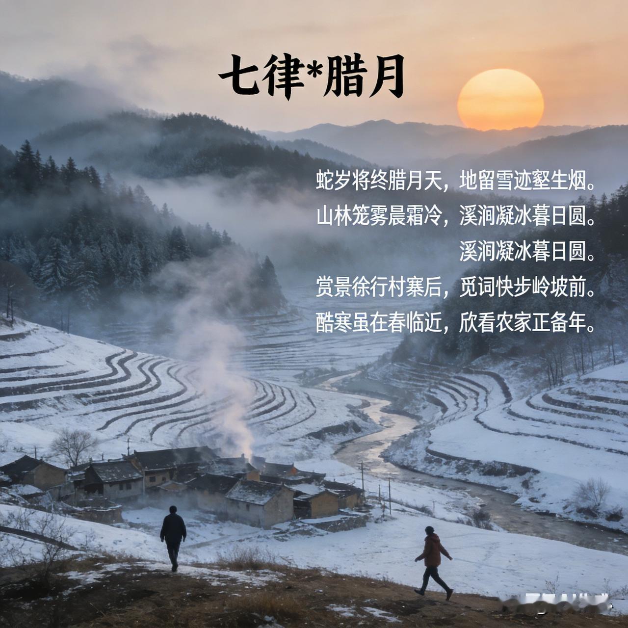 《七律*腊月》乐韵诗心原创诗词:
蛇岁将终腊月天，
地留雪迹壑生烟。
山林笼雾晨