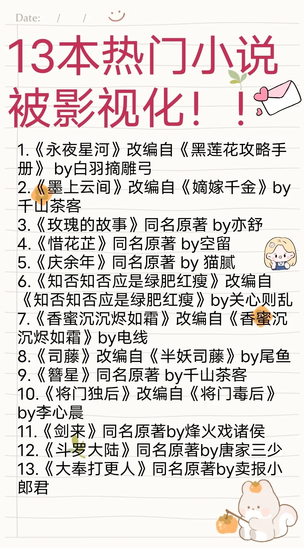 13本热门小说被影视化！