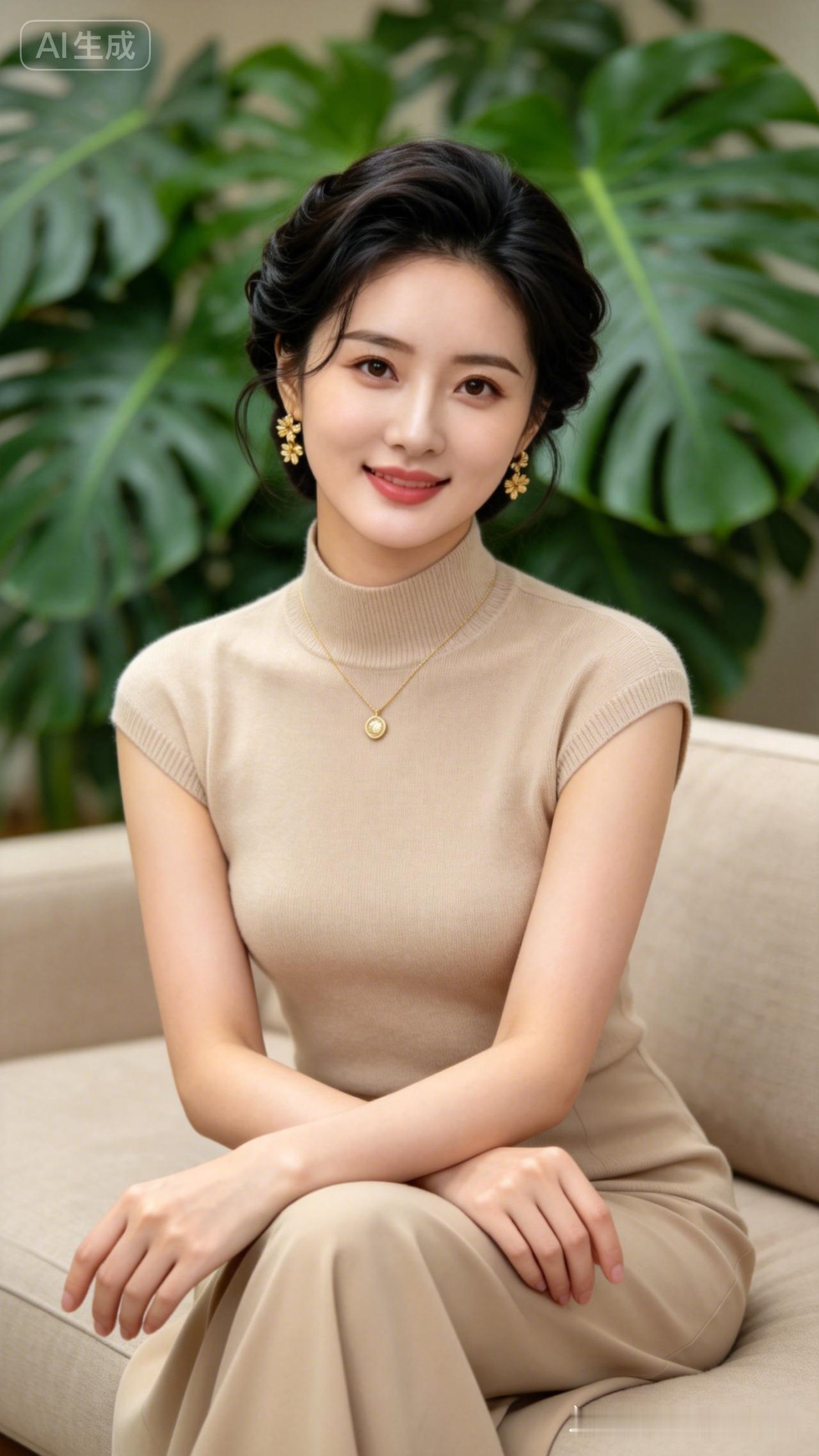 这位女士坐在沙发上，笑容甜美。