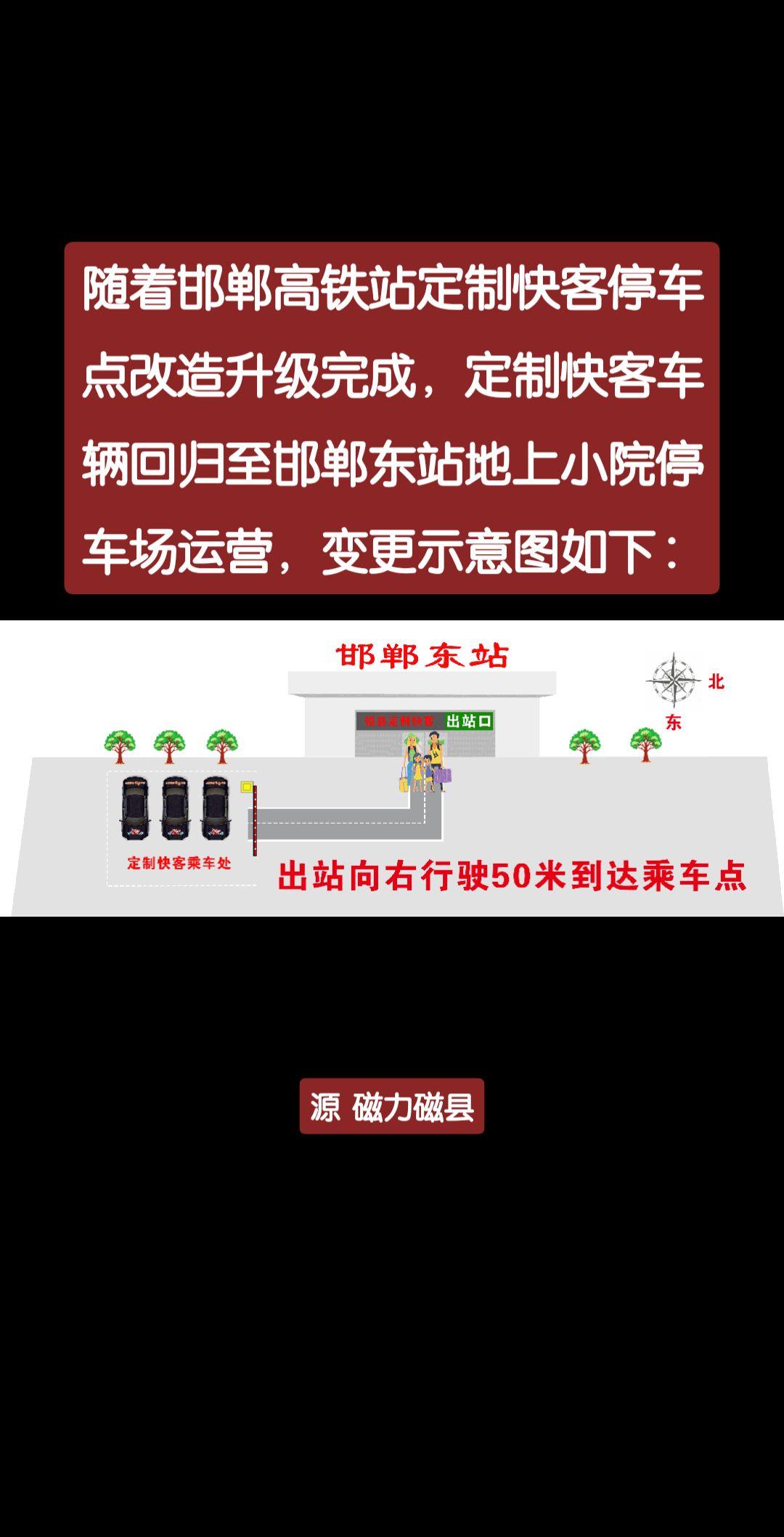 随着邯郸高铁站定制快客停车点改造升级完成，定制快客车辆回归至邯郸东站地上小院停车