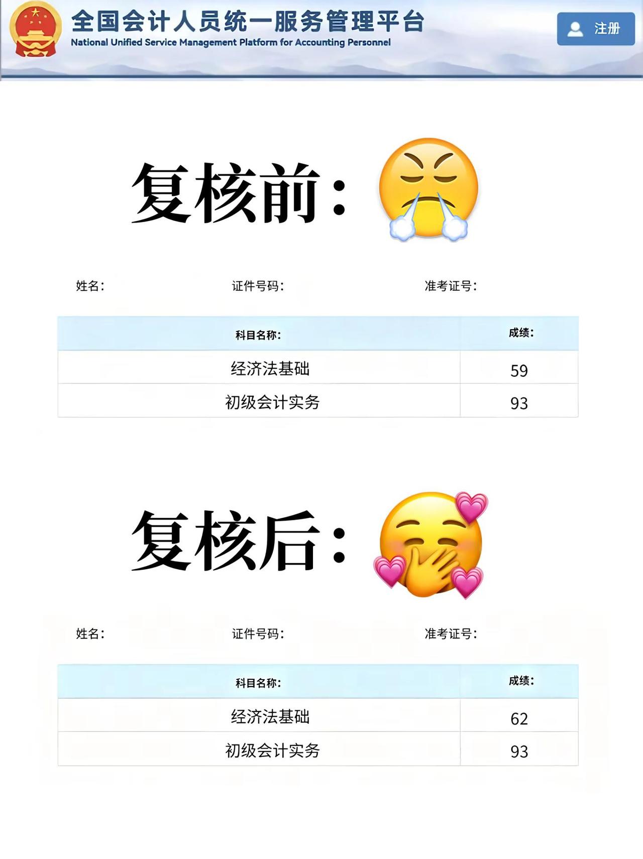 复核成功！58，59分初会成绩复核流程。26初级会计成绩已出，好多考生一查发现自