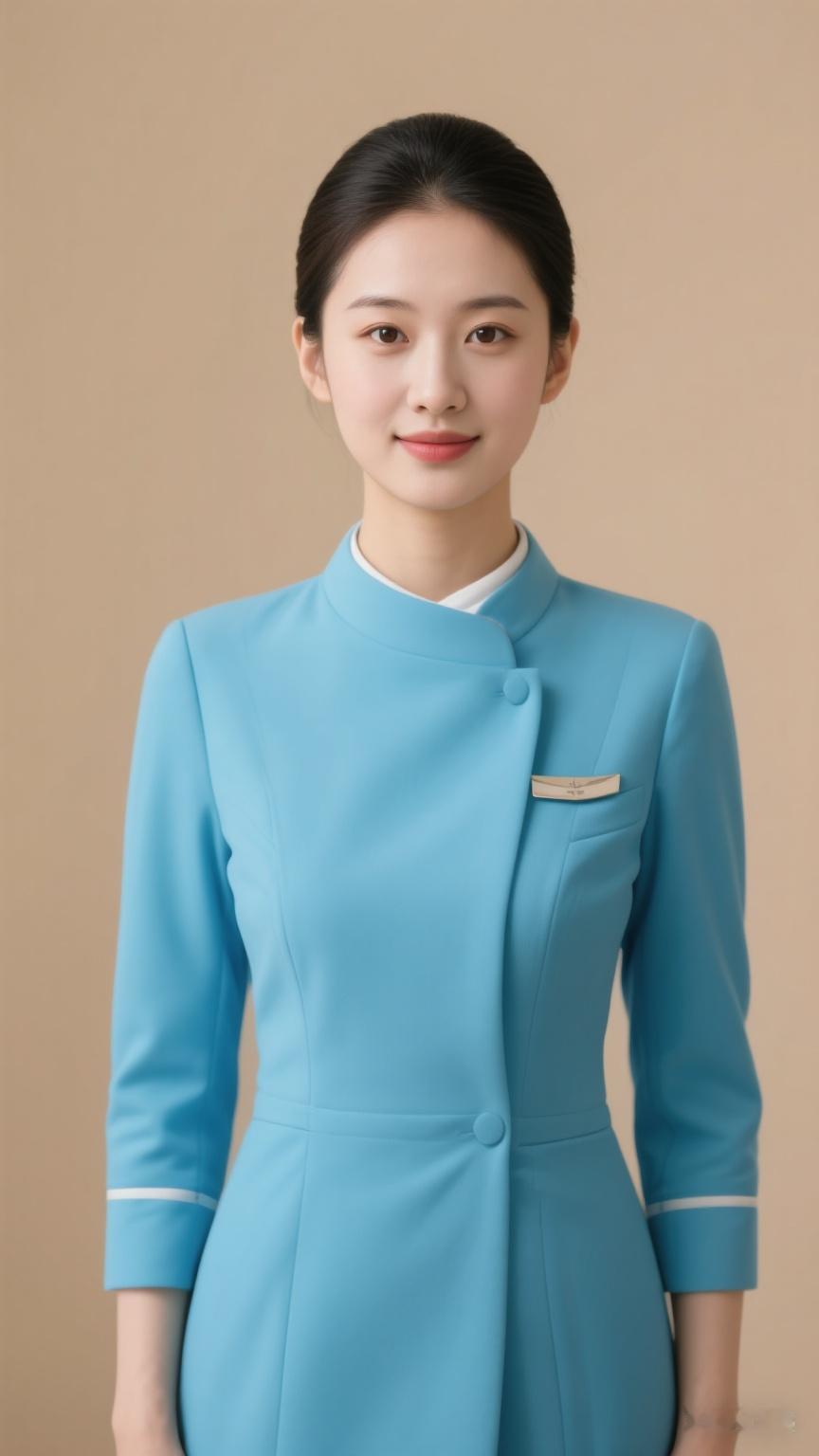 精致天蓝色空姐服尽显职业风范，女生立纯色背景前，温暖正常色调，光线柔和勾勒清晰动