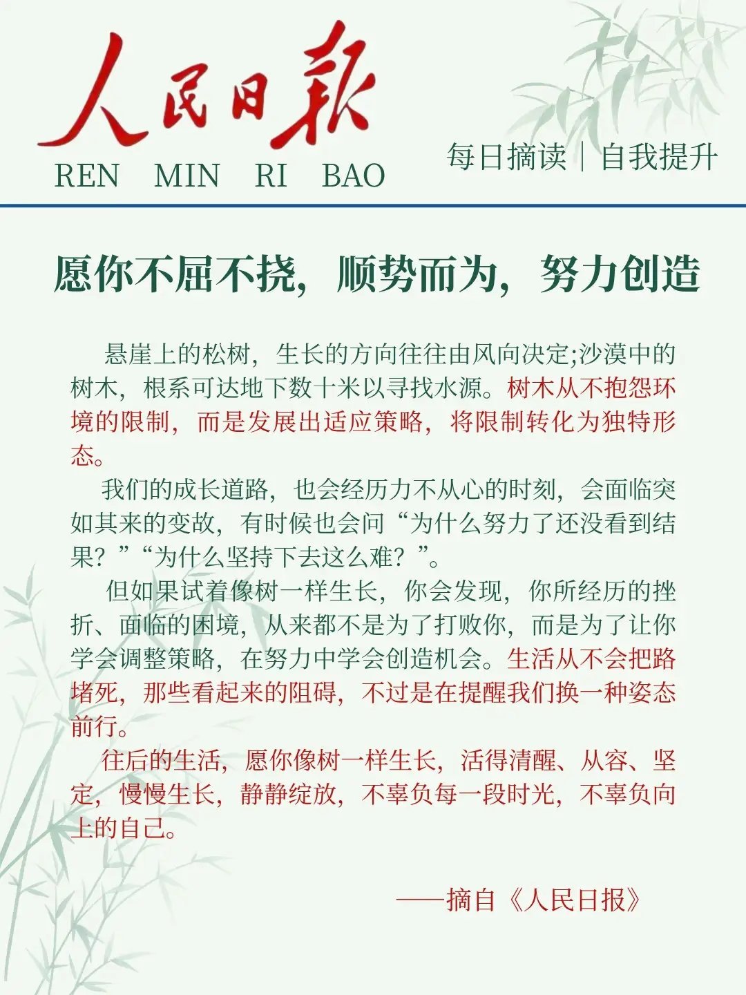 “愿你不屈不挠，顺势而为，努力创造！” 
