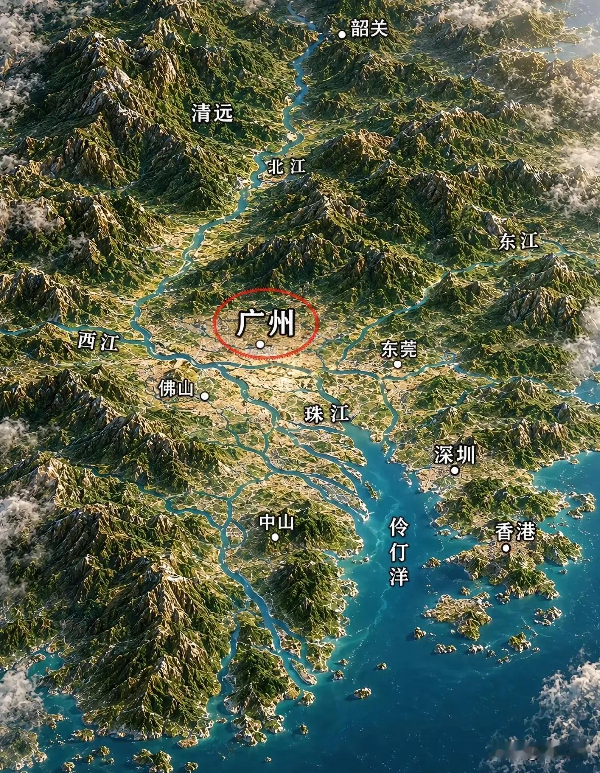 广州地处西江和北江交汇处，坐北朝南面向大海。珠江三角洲，浙江以南找出这么一块平地