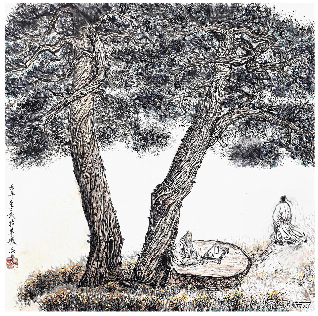 孔子比老子小二十几岁。一日孔子拜老子问礼，老子在古柏下，两人约茶论道，最终因思想