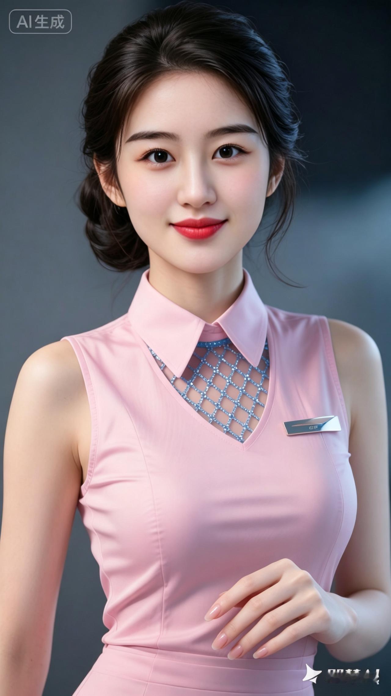 温婉少女身着柔美粉色衣装，五官精致立体，眼眸清澈水汪汪惹人怜爱。指尖纤细莹白，十