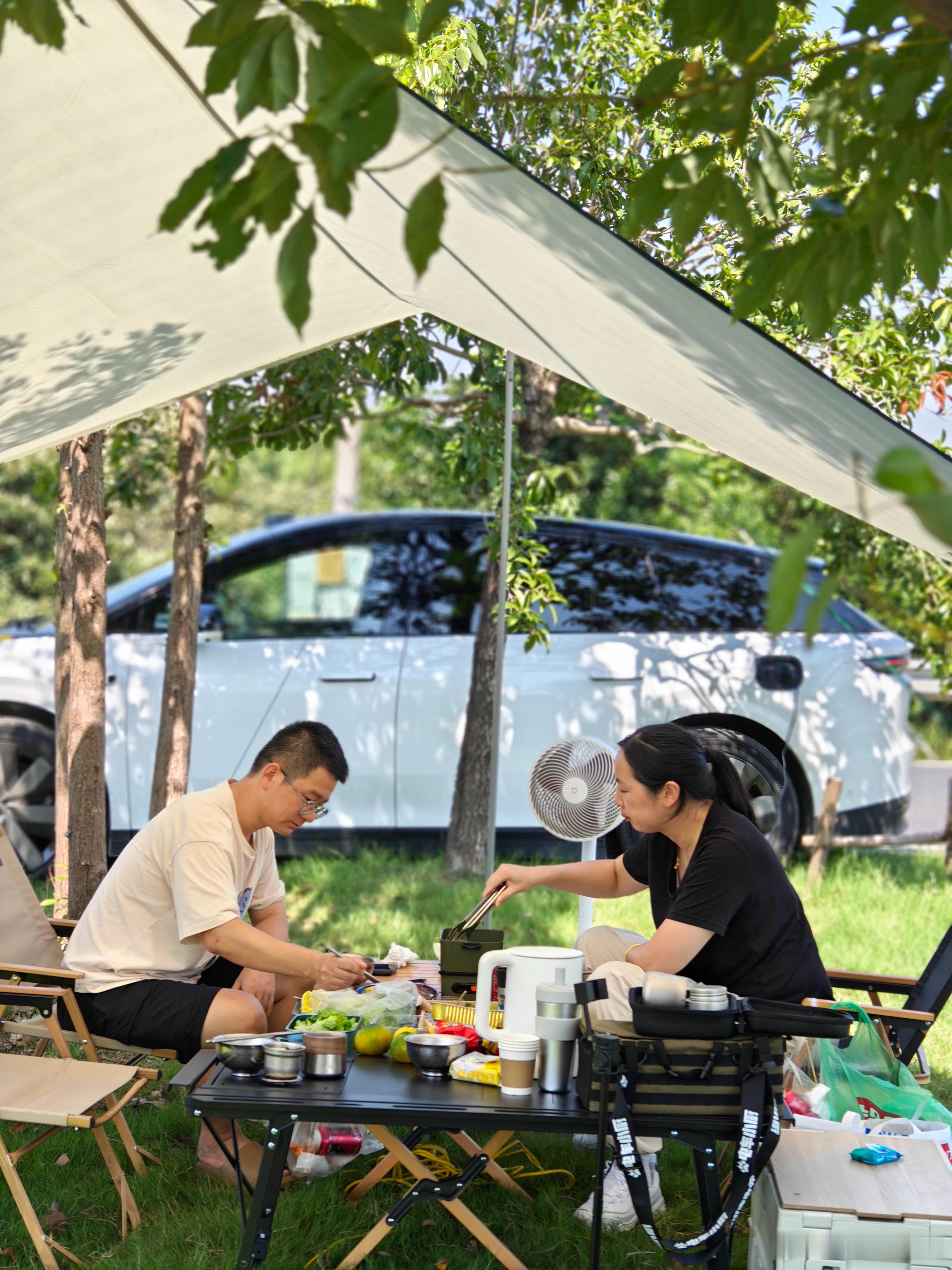 杭州这气温热得没天理了，路边野餐，还好有外放电 理想汽车[超话] 理想i6  ​