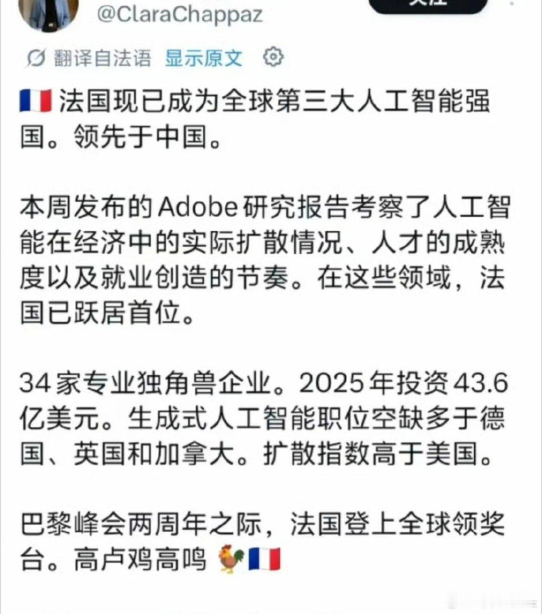 法国媒体称法国AI超越中国关于法国AI，我只记得之前有一个人工智障AI，连算数都