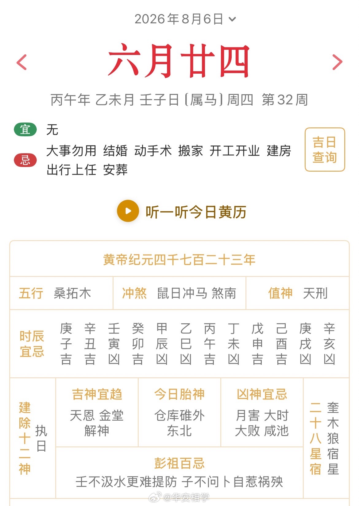 十二生肖每日简运 仅供参考2026.8.6丙午年乙未月壬子日壬子天克地冲丙午：八
