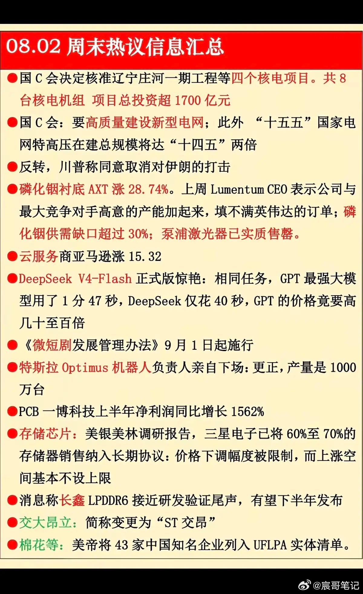 8.02周日  晚间：财经热点信息参考！1.核电核能2.磷化铟衬底3.云服务4.