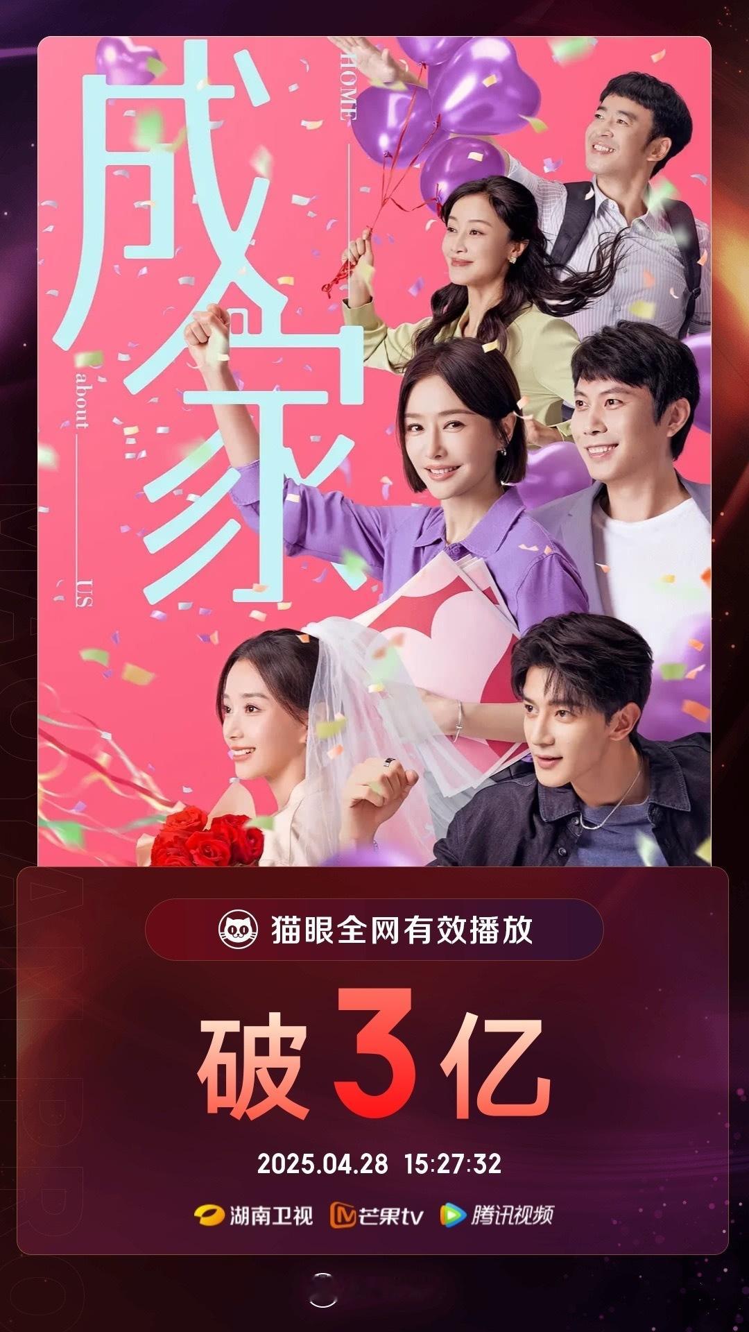 电视剧成家[超话]成家有效播放量破3亿 据猫眼专业版数据，领衔主演网络剧《成家》