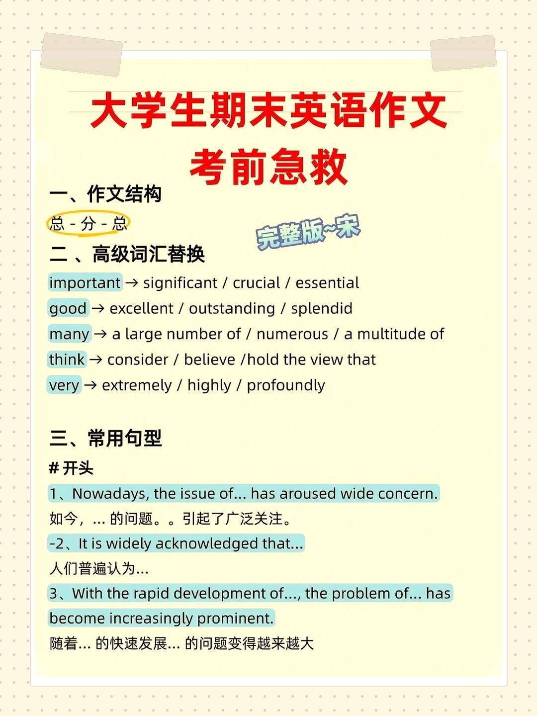 📝 大学生期末英语作文考前急救模板+金句+结构，考前看一眼，考场直接套！赶紧收