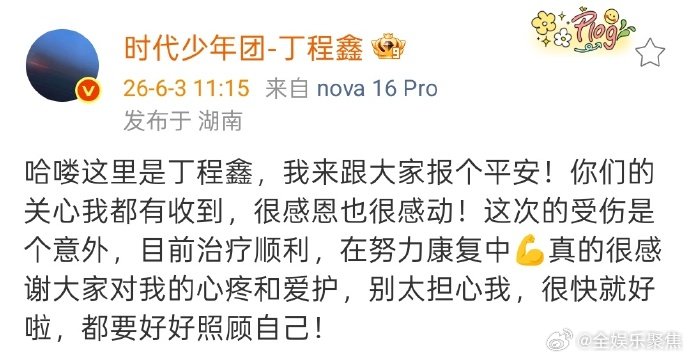 丁程鑫说受伤是意外 丁程鑫发文报平安，说手指骨裂受伤是意外，在努力康复中，感谢大