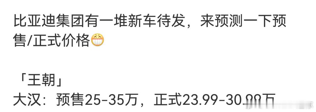 比亚迪大汉预售价24.99万起，和我预测的完全一样顶配比我预想的要低，我以为会和