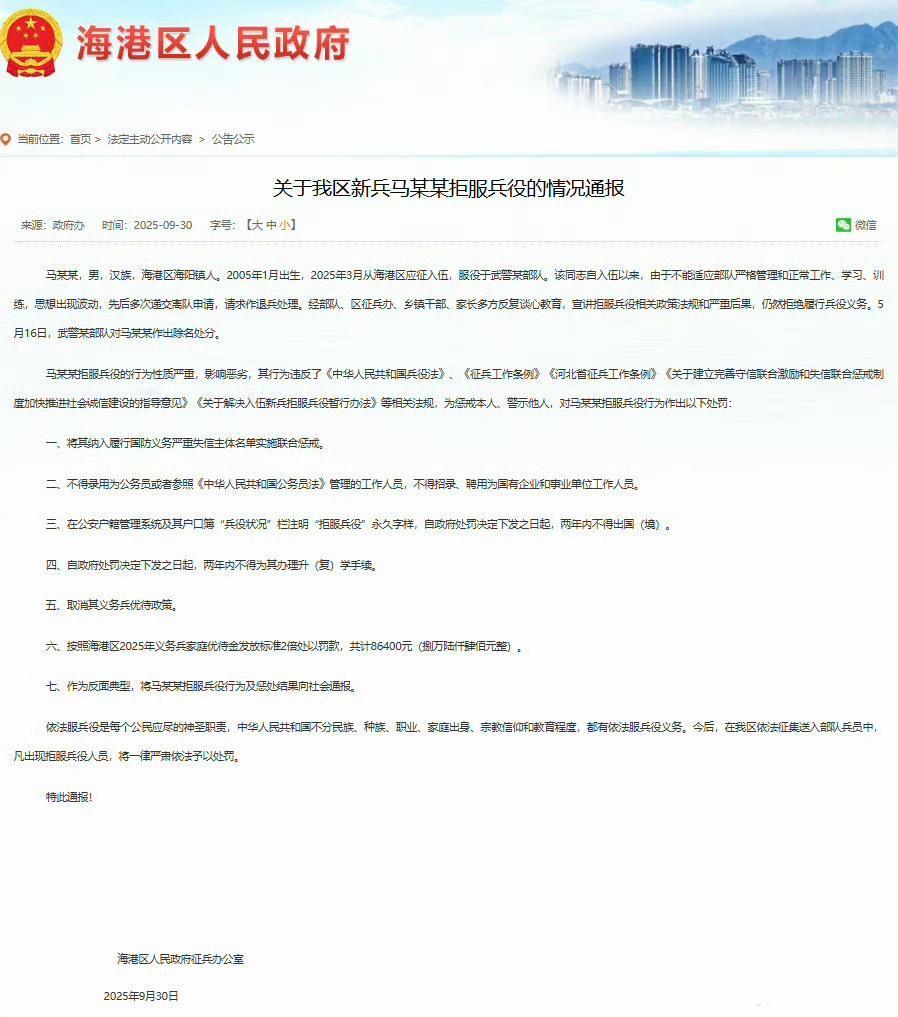 还是太年轻！

05后马某某因为拒绝服兵役，处罚永久不得录用为公务员，还要罚款8