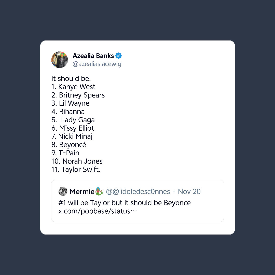 银行婊Azealia Banks认为的本世纪最伟大流行歌手的排名，如何评价？ 