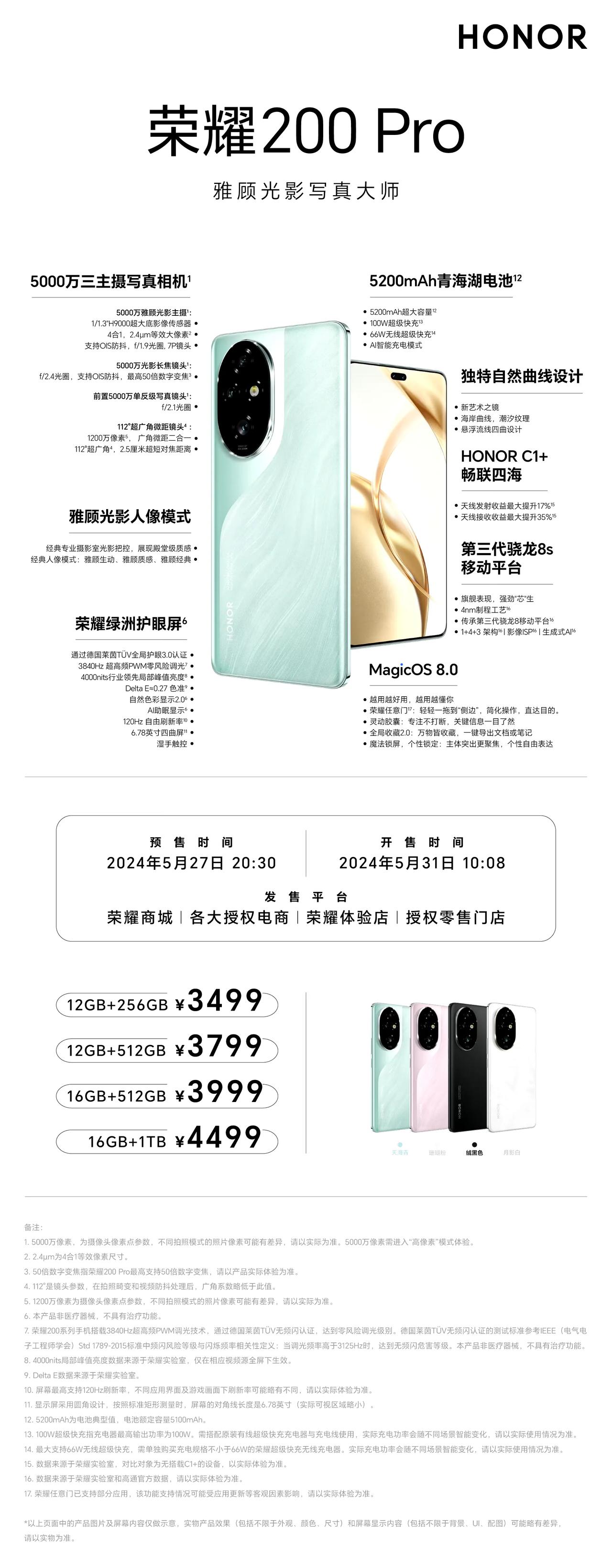 荣耀200Pro，16+512GB，3999元
荣耀Magic 6，16+512