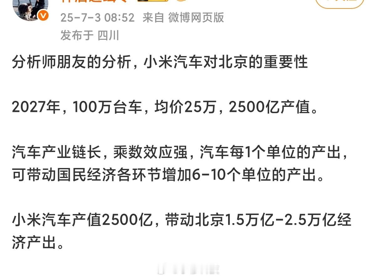 小米汽车2027年能带动北京1.5万亿-2.5万亿产值，大家怎么看[吃瓜] ​​