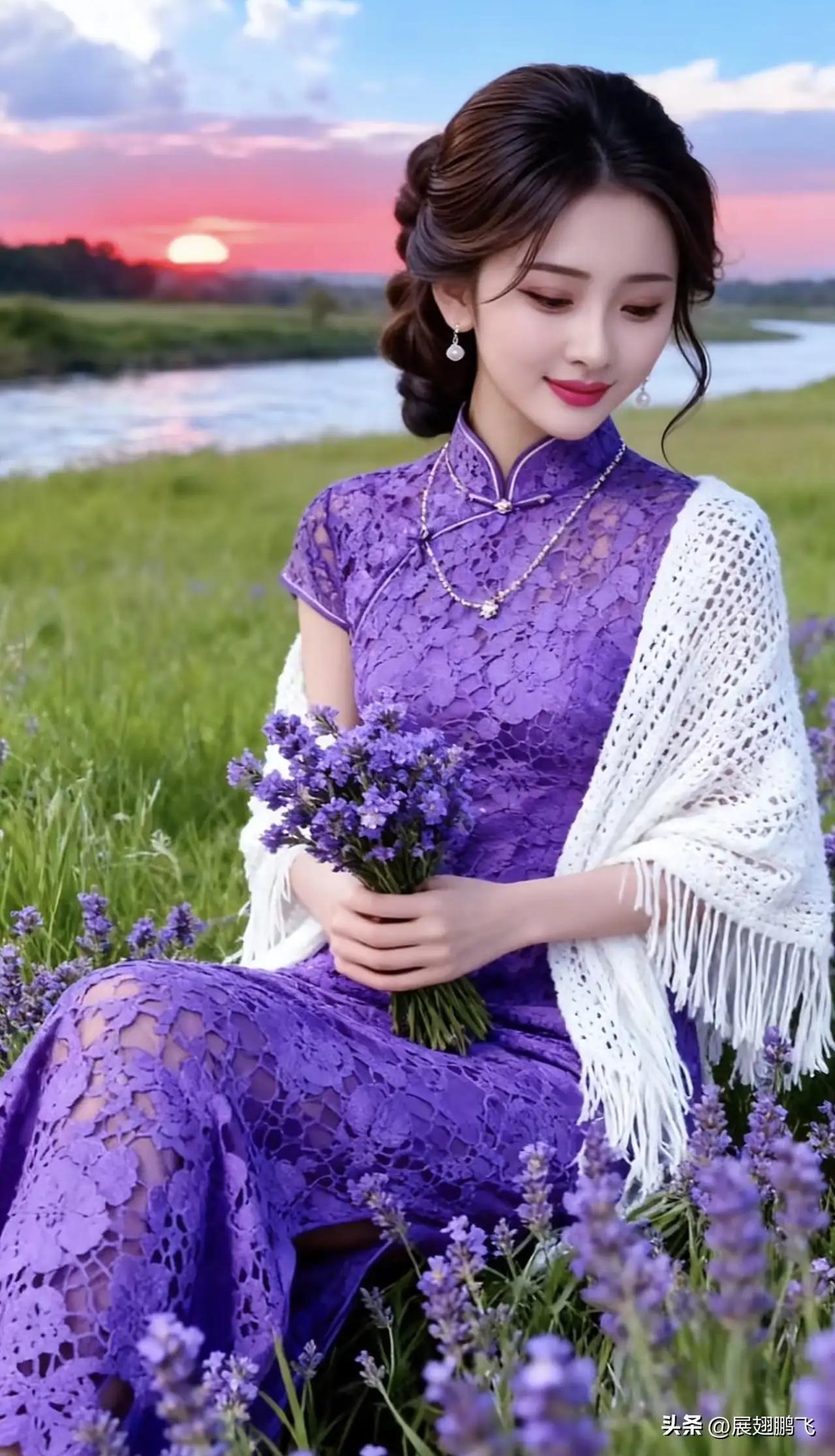 她穿着紫色旗袍，在花田里拍照。