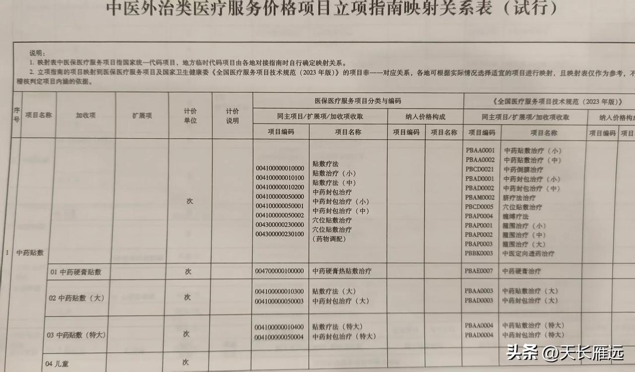 中医外治类医疗服务项目价格立项指南映射关系表（试行）