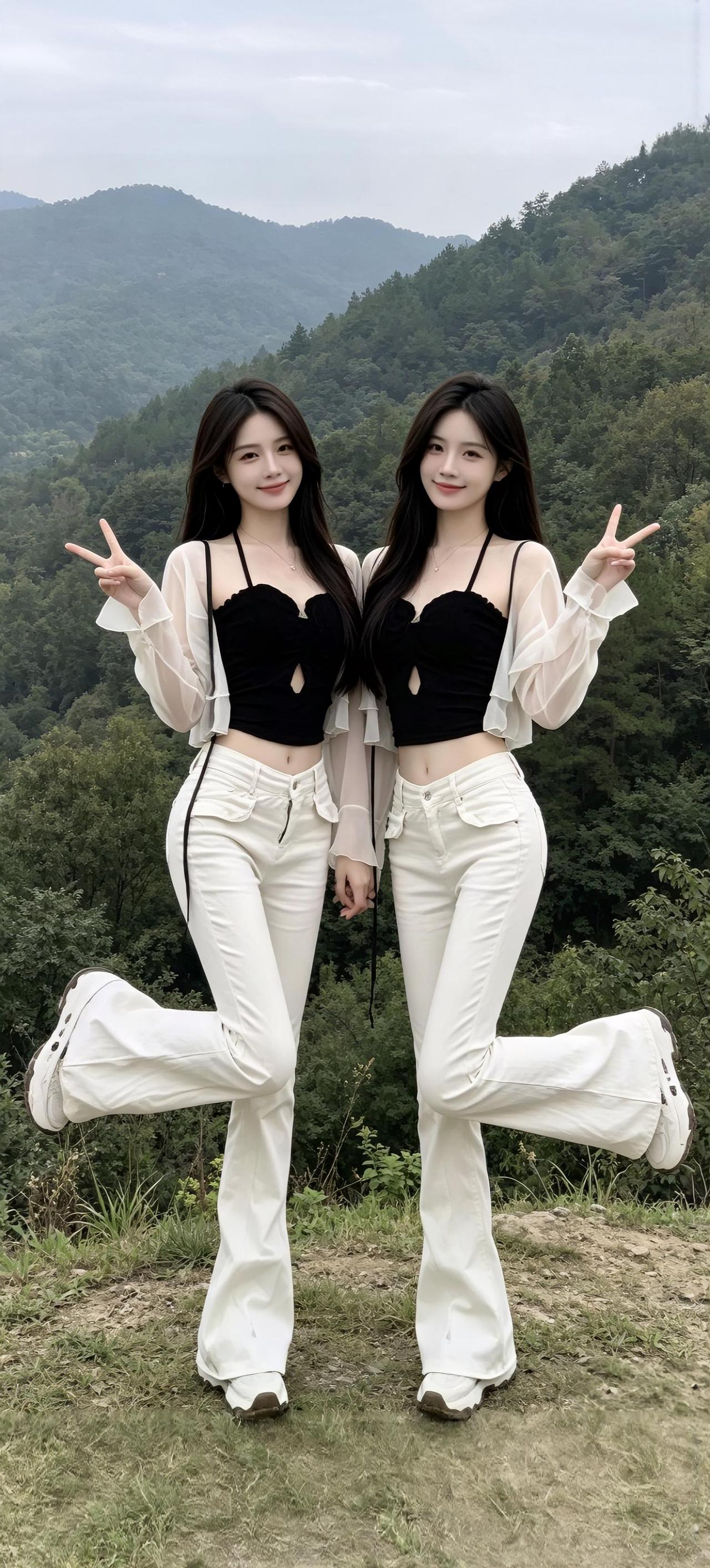 姐妹花山间比剪刀手，青春洋溢，元气满满！