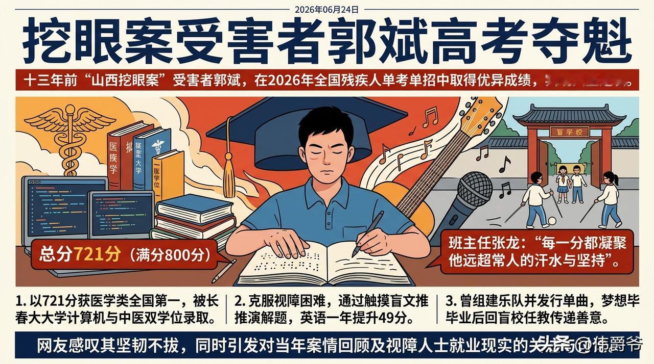 山西“挖眼案”受害者郭斌在2026年全国残疾人单考单招中，以721分（满分800