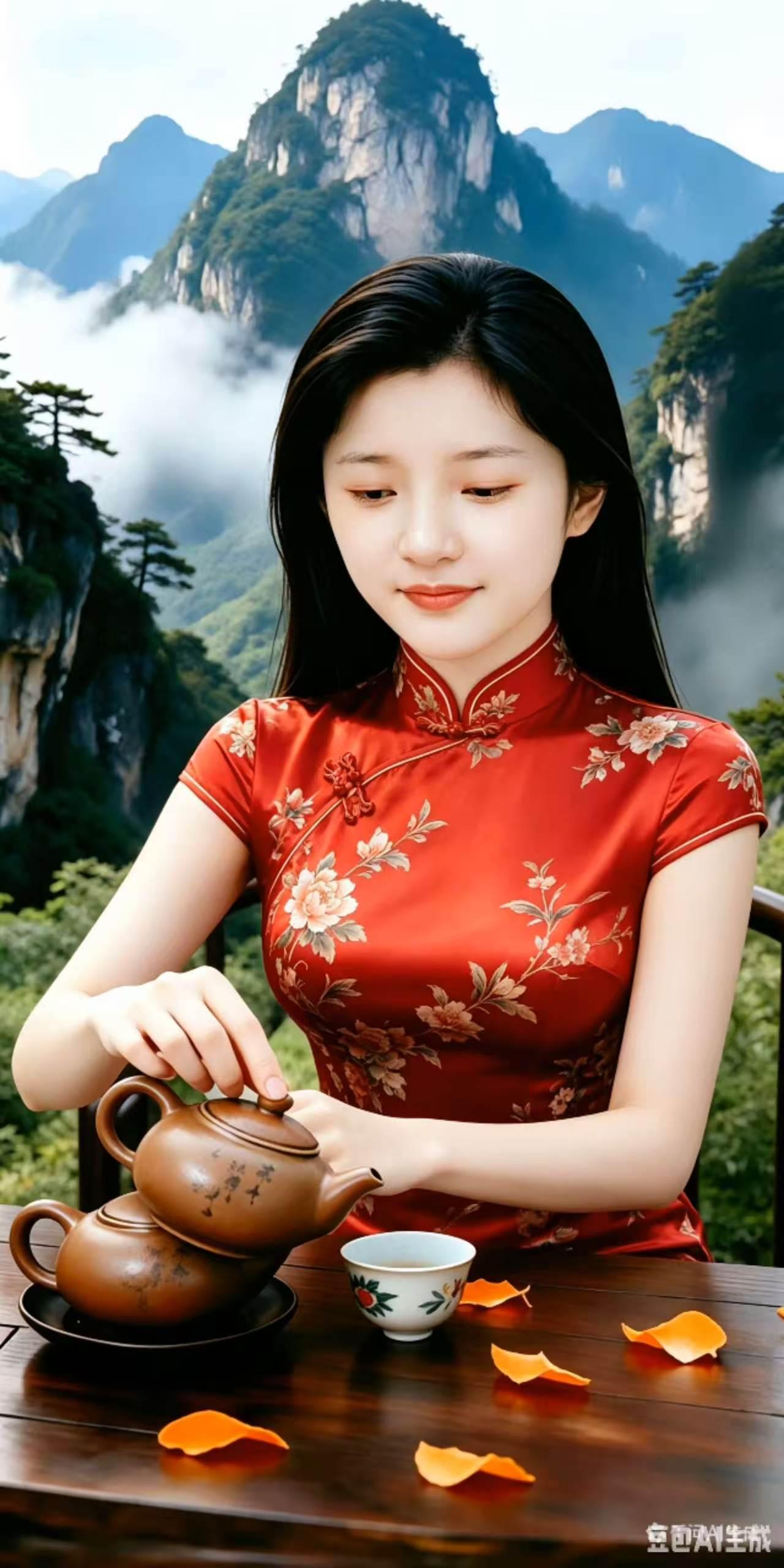 山间品茗
幽山煮茗溢清香，
静坐临风赏野光。
雅致佳人闲对景，
一身清润沐山芳。