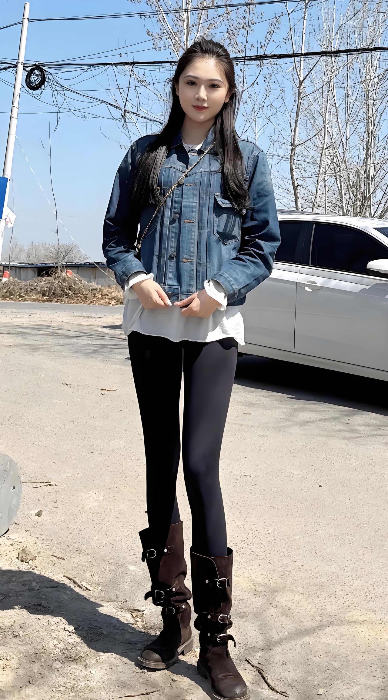 牛仔外套+黑色紧身裤，青春活力，V字手势，元气满满！