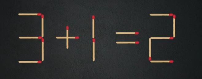 趣味烧脑时刻！图中用火柴摆出的算式“3 + 1 = 2” 不成立。现在请你只移动
