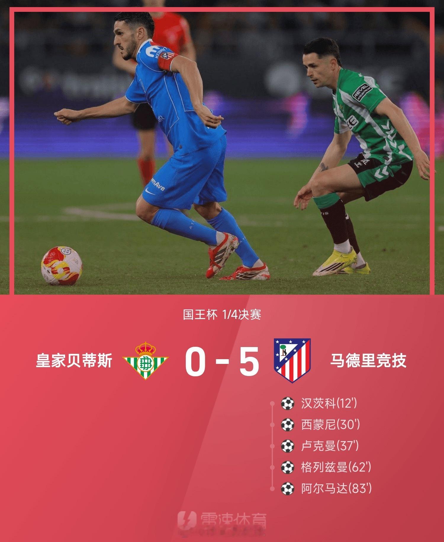 国王杯战报:卢克曼首秀传射，格列兹曼破门，马竞5-0贝蒂斯。          