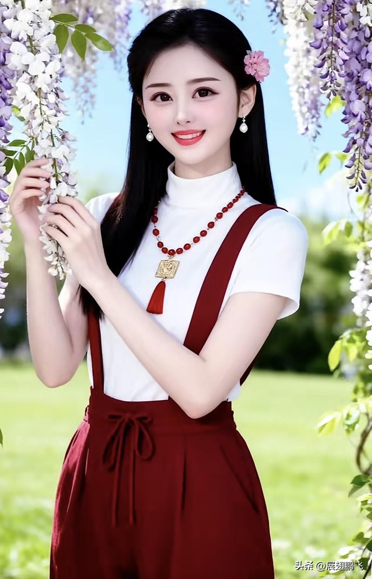 甜美少女风穿搭，白色上衣+红色背带裤，清新自然，搭配紫色花环，元气满满！白色减龄