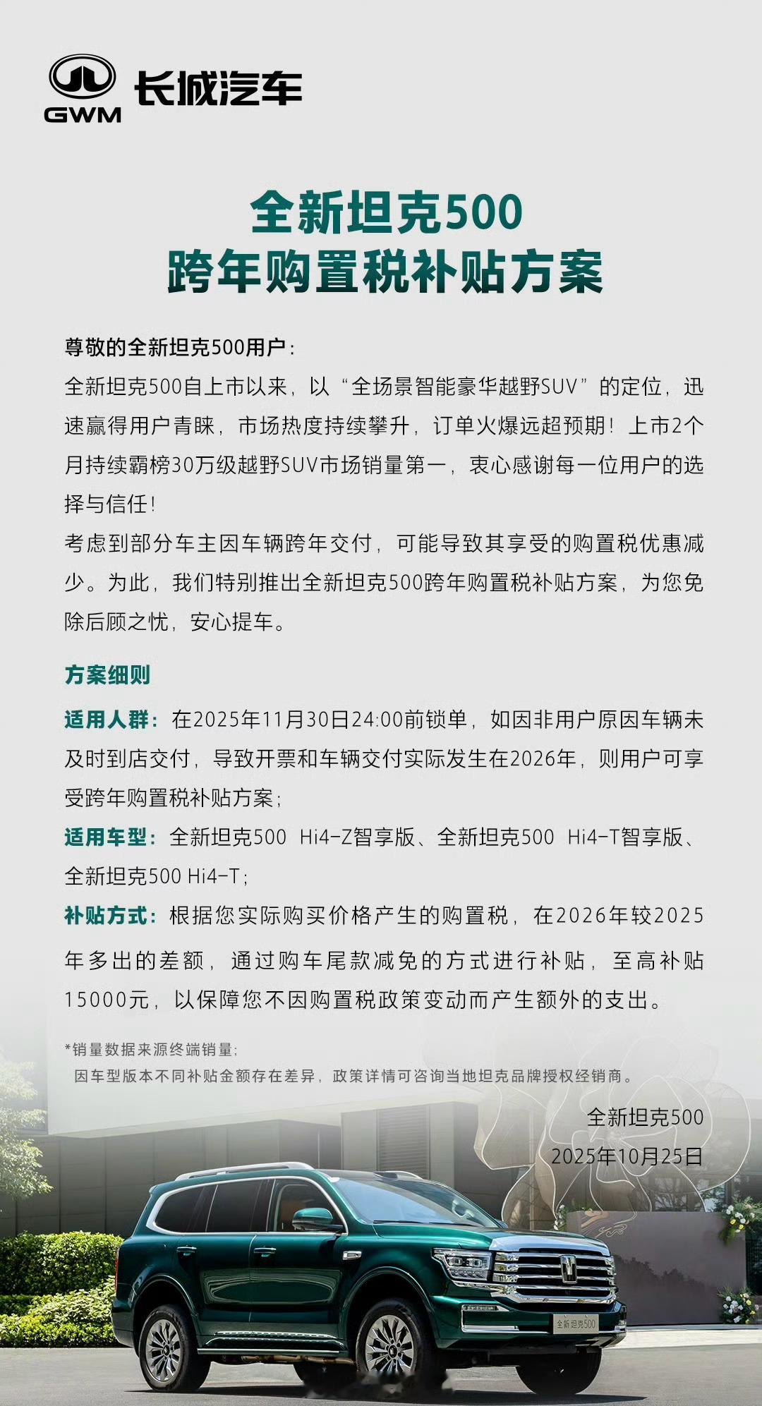 坦克500也推出跨年购置税补贴了，根据实际购买价格产生的购置税，在2026年较2