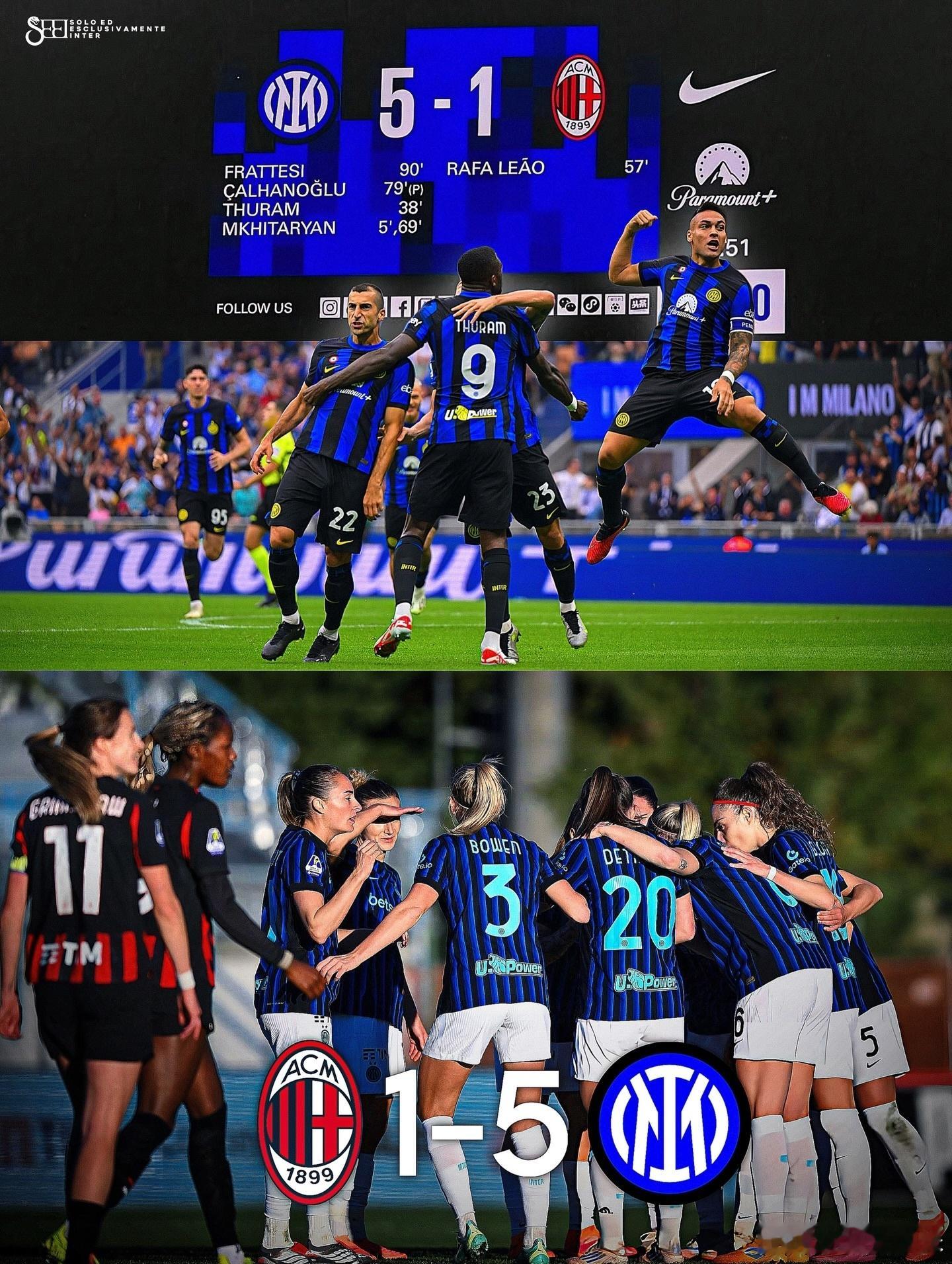 国际米兰男足不孤单了，国际米兰女足本轮也踢AC米兰女足一个5比1。💙🖤国际米