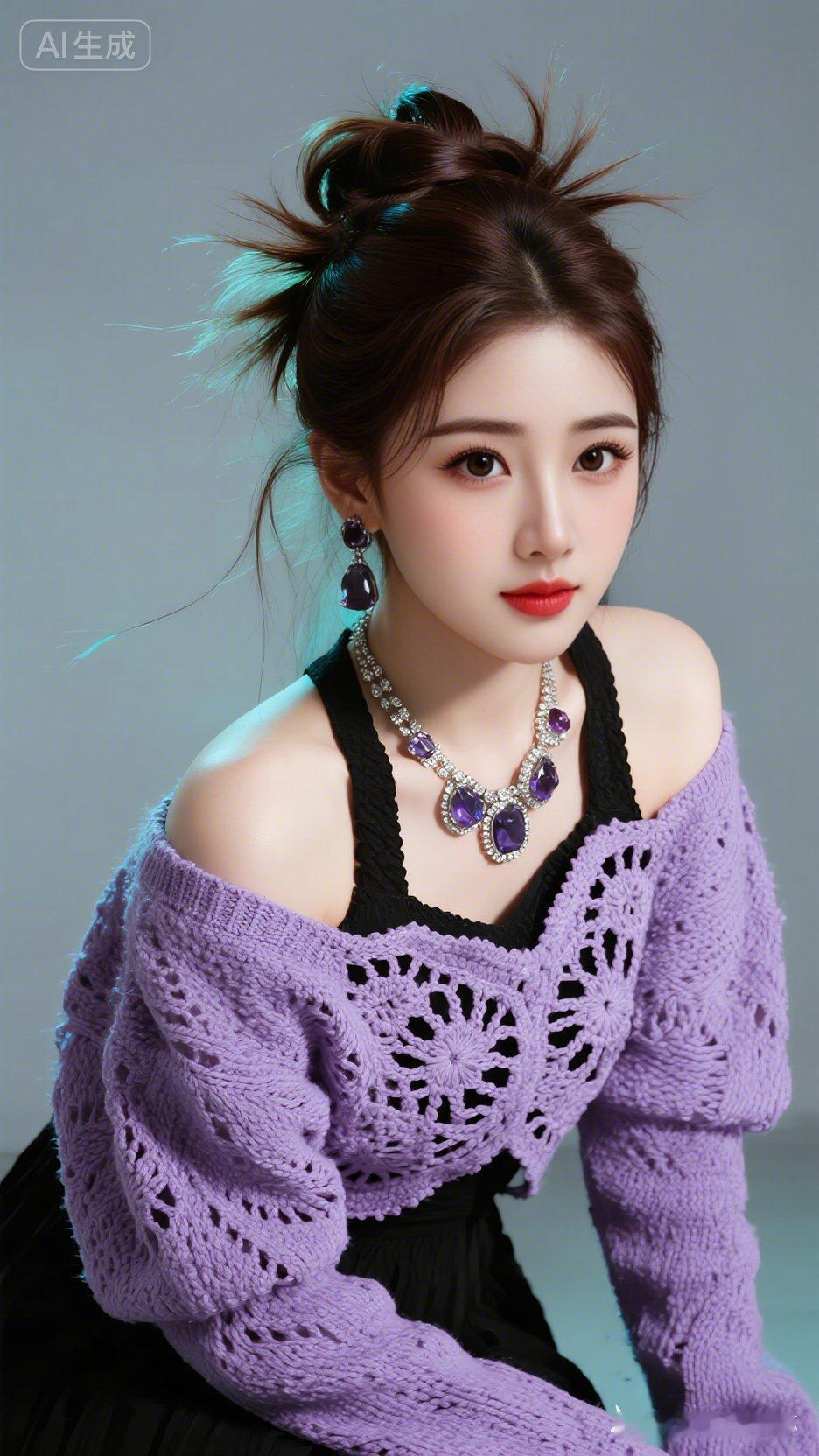 美人黑棕微乱高光盘发，肤白眼波妩媚。蒂芙尼紫配黑镂空提花高领一字肩宽松羊毛衫，成