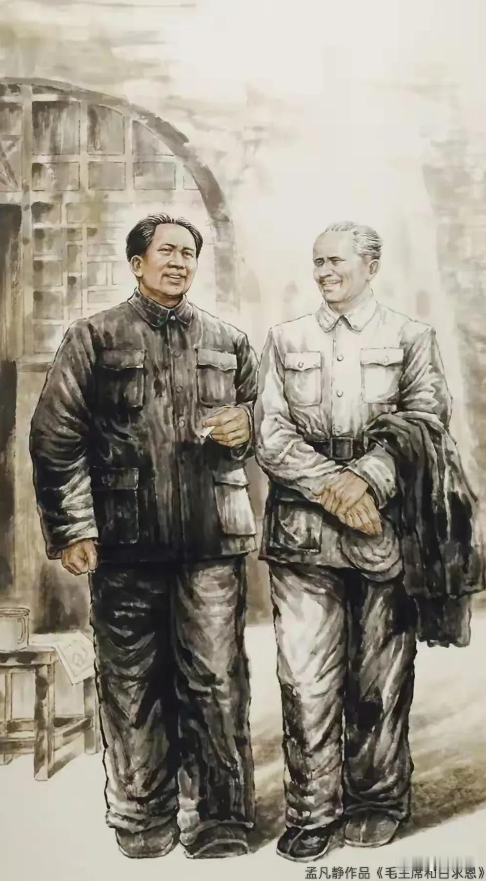 伟人同框影像稀缺，以笔墨勾勒出毛主席与白求恩的合影显得十分珍贵难得，既描摹历史瞬