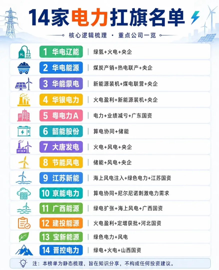 【电力板块扛旗手名单来了！14家核心公司逻辑梳理🔥】💡 能源转型+电力刚需，