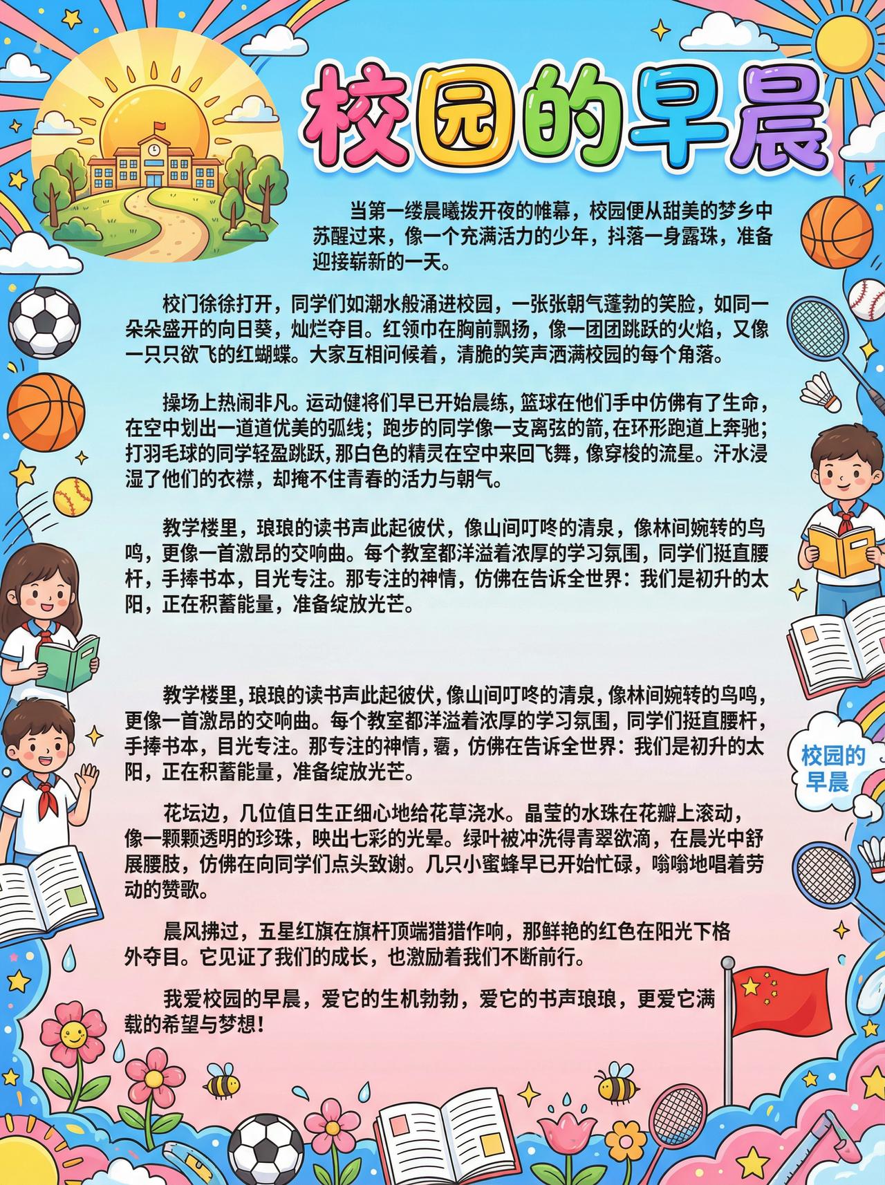每日晨读美文素材：《校园的早晨》

当第一缕晨曦拨开夜的帷幕，校园便从甜美的梦乡