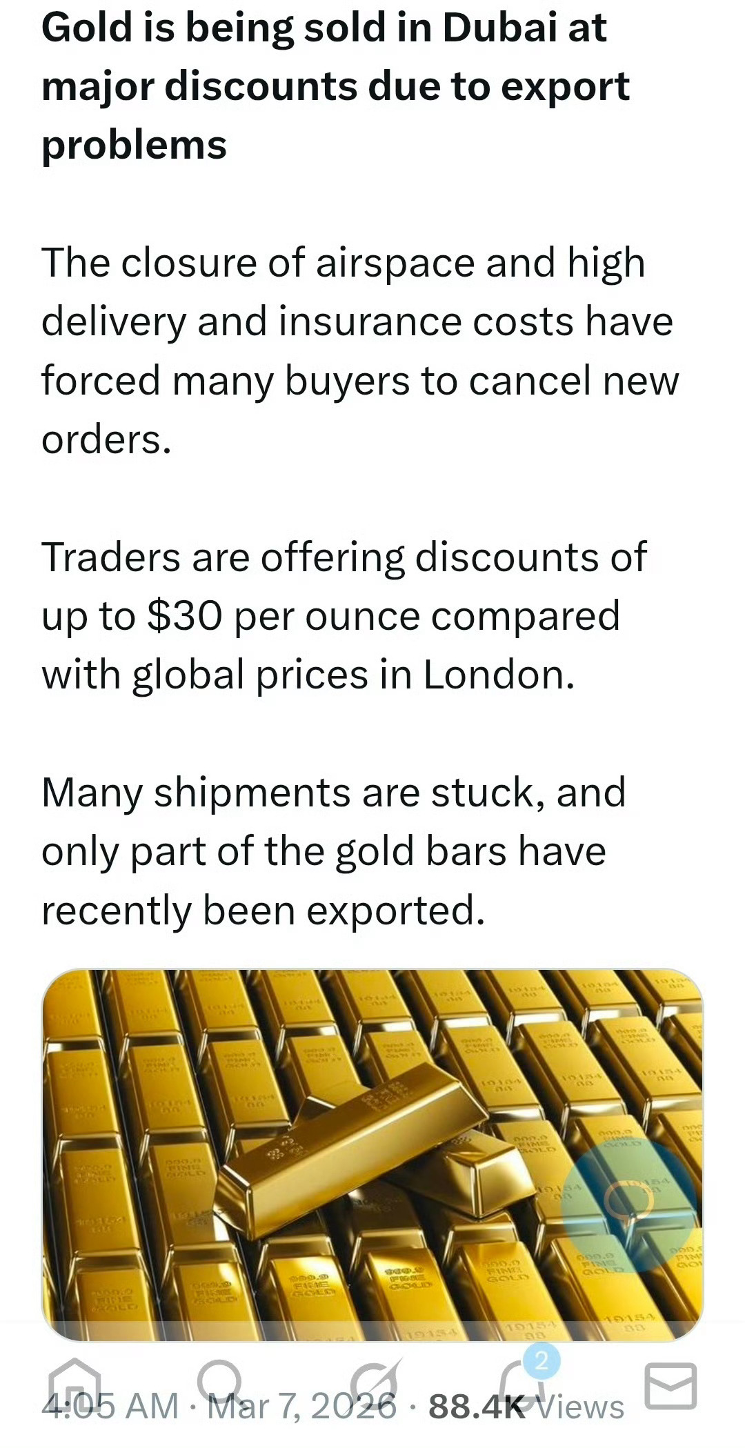 阿联酋为了维护其纸币，正在出售拥有的大量黄金。而阿联酋的富豪们正在以大幅折扣价出