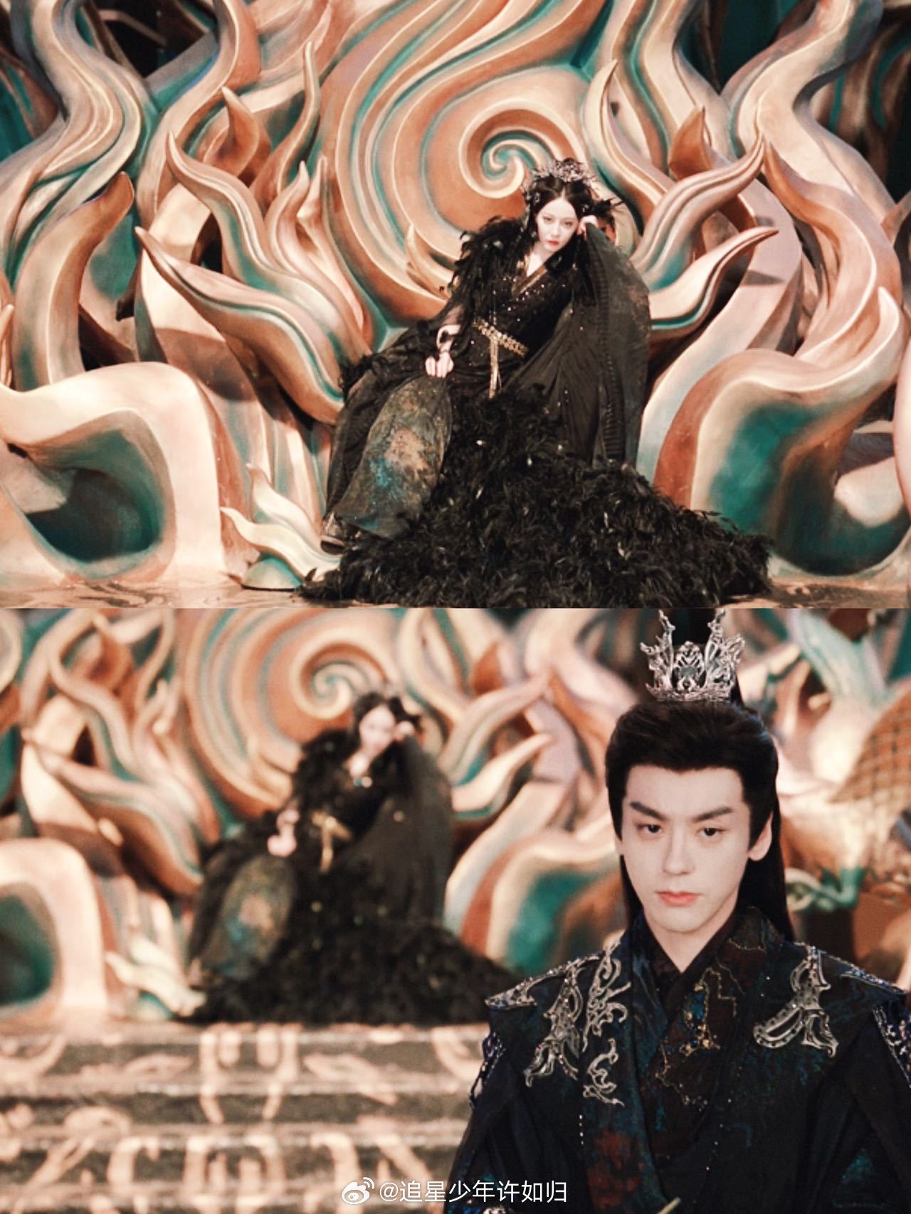 迪丽热巴魏哲鸣搭档新剧 浓颜对浓颜，对称构图，中式留白拉满。这种视觉配置，放在哪