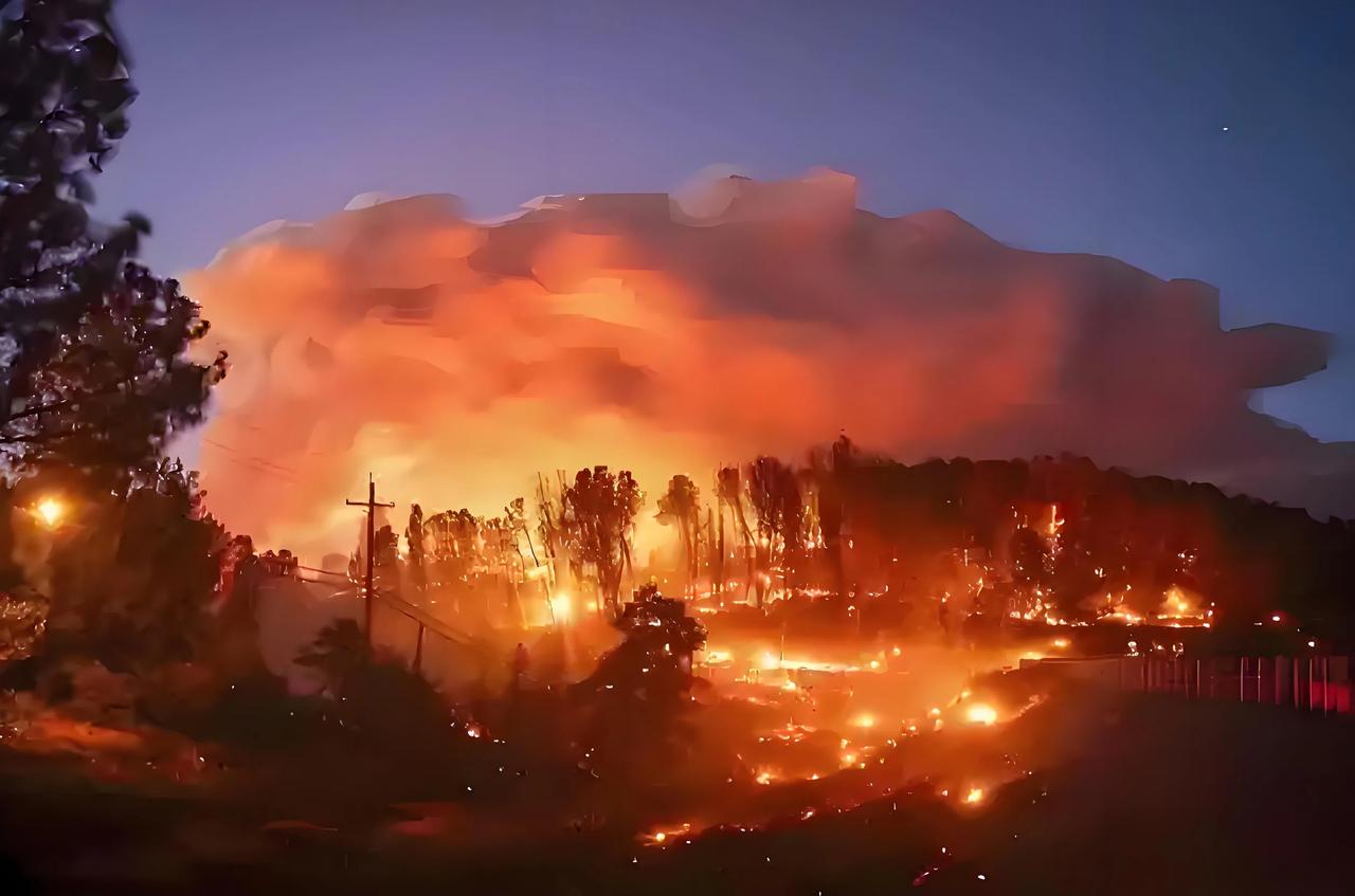 美国山火烧毁大量民宅。大火不仅没灭，还愈烧愈大，愈烧愈宽；现报料有人不断纵火。对